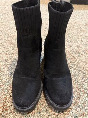 Pierre Dumas Black Suede Ankle Boots with Ribbed Knit Collar